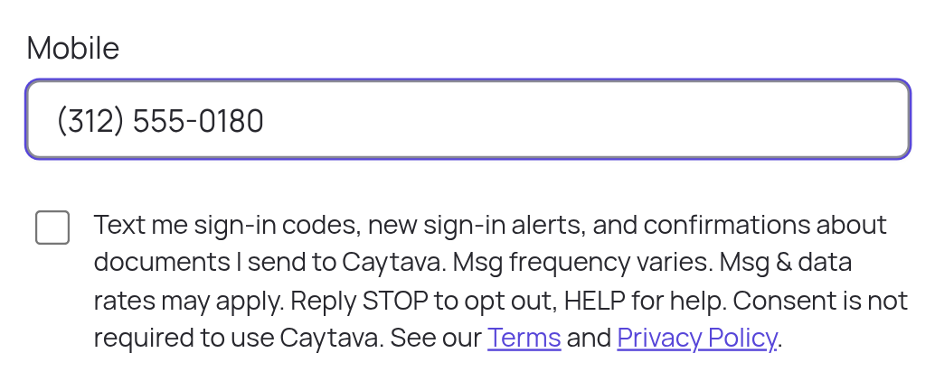The Caytava profile screen: an optional mobile number field and, beneath it, a separate unchecked checkbox with the text-messaging disclosure